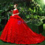 Red Ball Gown Tulle Appliques Short Sleeve Hand Made Flower Wedding Dress