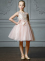 In Stock:Ship in 48 Hours Pink Tulle Appliques Knee Length Flower Girl Dress