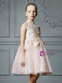 In Stock:Ship in 48 Hours Pink Tulle Appliques Knee Length Flower Girl Dress