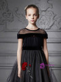 In Stock:Ship in 48 Hours Black Tulle Appliques Cap Sleeve Girl Dress