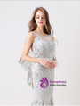 Silver Fomral Crystal Beaded Transparent Cape Lace Mermaid Prom Dress