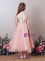 In Stock:Ship in 48 Hours Pink High Neck Tulle Tea Length Girl Dress