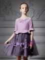 In Stock:Ship in 48 Hours Purple Tulle Short Sleeve Appliques Girl Dress