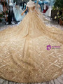 Ball Gown Gold Sequins Off The Shoulder Long Train Wedding Dress