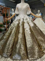 Gold Ball Gown Sequins White Appliques Off The Shoulder Wedding Dress