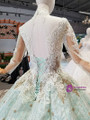 Blue Ball Gown Long Sleeve High Neck Backless Gold Appliques Wedding Dress