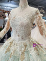 Blue Ball Gown Long Sleeve High Neck Backless Gold Appliques Wedding Dress