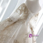 Ball Gown Champagne Tulle Gold Lace Appliques Ruff Sleeve Wedding Dress