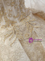 Ball Gown Champagne Tulle Gold Lace Appliques Ruff Sleeve Wedding Dress