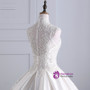 White Satin Appliques Pearls High Neck With Train Wedding Dress