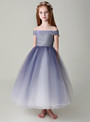 A-Line Blue Tulle Off The Shoulder Long Flower Girl Dress