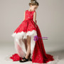 A-Line Hi Lo Red Lace Sleeveless With Bow Flower Girl Dress