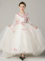 A-Line White Tulle Short Sleeve Appliques Long Flower Girl Dress