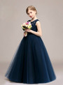 A-Line Blue Tulle Lace Sleeve Long Flower Girl Dress With Sash