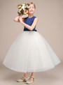 Blue Satin White Tulle Long Sleeveless Flower Girl Dress With Bow