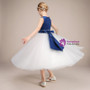 Blue Satin White Tulle Long Sleeveless Flower Girl Dress With Bow