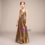 A-Line Gold Sequins V-neck Floor Length Flower Girl Dress