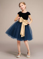 Blue Velvet Tulle Cap Sleeve With Bow Knee Length Flower Girl Dress