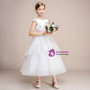 White Tulle Lace Cap Sleeve Tea Length Flower Girl Dress With Bow