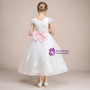 White Tulle Lace Cap Sleeve Tea Length Flower Girl Dress With Bow