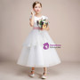 White Tulle Lace Cap Sleeve Tea Length Flower Girl Dress With Bow