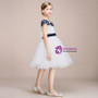 A-line White Tulle Blue Appliques Cap Sleeve Flower Girl Dress