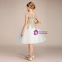 White Tulle Gold Appliques Short Knee Length Flower Girl Dress