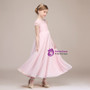 Pink Chiffon Lace Cap Sleeve Ankle Length Flower Girl Dress