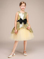 Gold Sequins Tulle Short Sleeveless Flower Girl Dress With Bow