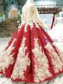 Red Ball Gown Sequins Long Sleeve Appliques Floor Length Wedding Dress