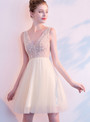 In Stock:Ship in 48 Hours Champagne Tulle V-neck Backless Homecoming Dress