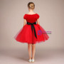 Red Velvet Tulle Cap Sleeve Short Knee Length Flower Girl Dress