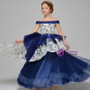 Blue Tulle Organza Sequins Off The Shoulder Floor Length Flower Girl Dress