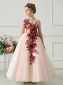A-Line Pink Tulle Red Appliques Floor Length Flower Girl Dress