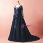 Plus Size Blue Tulle Appliques Long Sleeve Floor Length Prom Dress