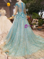 A-Line Blue Tulle Sequins 3/4 Sleeve Appliques Floor Length Wedding Dress