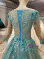 A-Line Blue Tulle Sequins 3/4 Sleeve Appliques Floor Length Wedding Dress