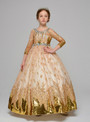Gold Tulle Sequins Long Sleeve Backless Flower Girl Dress