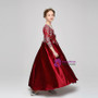 Burgundy Velvet 3/4 Sleeve Appliques Beading Flower Girl Dress
