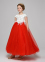 A-Line Red Tulle White Lace Appliques Ankle Length Flower Girl Dress