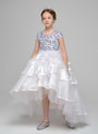 White Hi Lo Tulle Organza Cap Sleeve Sequins Flower Girl Dress