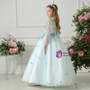 White Tulle Blue Appliques V-neck Long Sleeve Flower Girl Dress