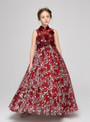 Red High Neck Tulle Sequins Appliques Flower Girl Dress
