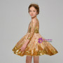 Gold Sequins Tulle 3/4 Sleeve Witn Crystal Flower Girl Dress