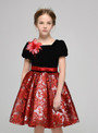 Black Velvet Red Lace Puff Sleeve Flower Girl Dress With Bow
