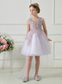 Light Purple V-neck Tulle Appliques Short Flower Girl Dress
