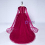 Burgundy Tulle Hi Lo Appliques V-neck Short Sleeve Girl Dress