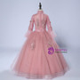 Pink Tulle High Neck Long Sleeve Appliques Floor Length Girl Dress