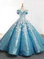 Blue Ball Gown Sequins Off The Shoulder Appliques Wedding Dress