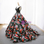 Black Print Satin Lace V-neck Backless Floor Length Wedding Dress